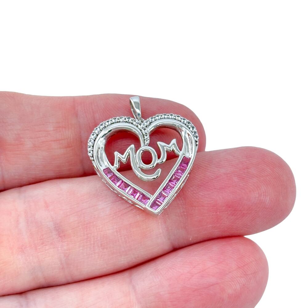 Vintage Sterling Silver 925 Pink Cubic Zirconia Mom Heart Pendant